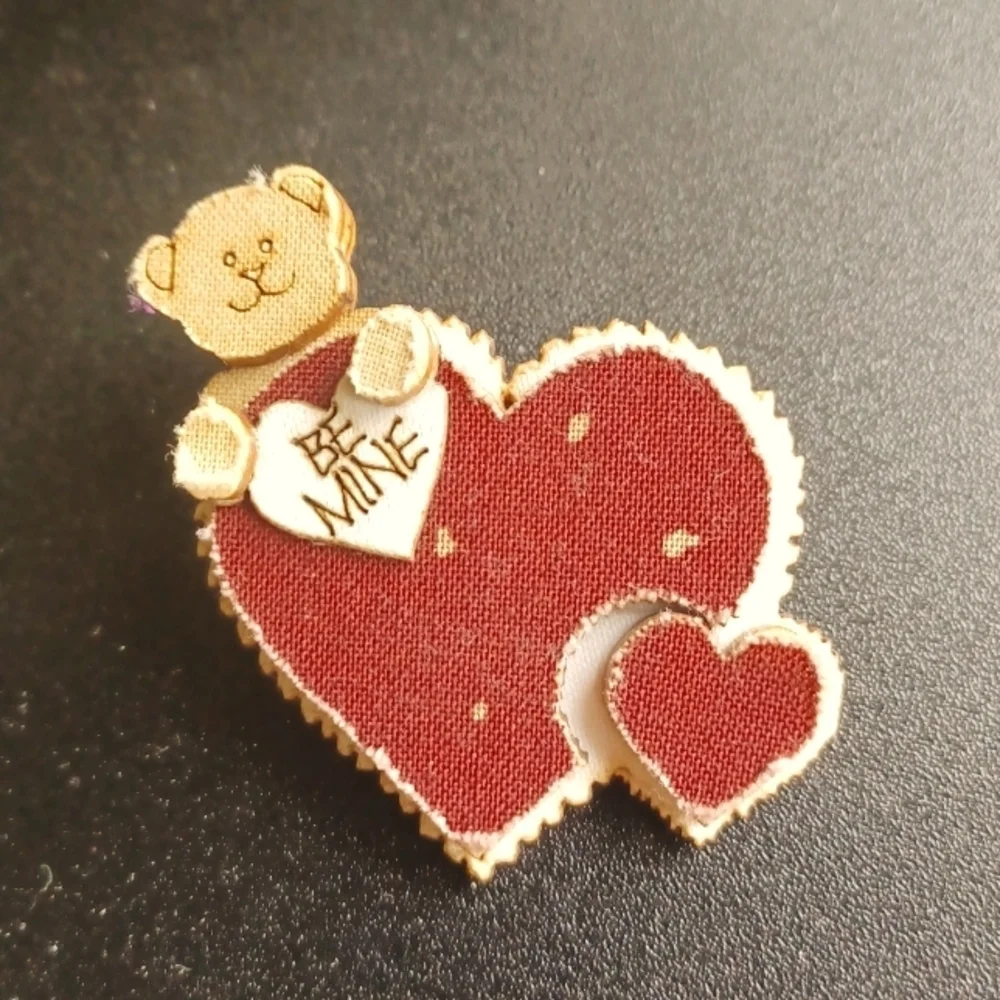 Vintage Valentine's Bear Pin Brooch, wood, 1990s
